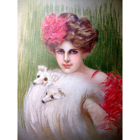 Victorian Art Print Women Wearing Headed Fox Muff Stole Lithograph 1910 Original - Picture 1 of 4